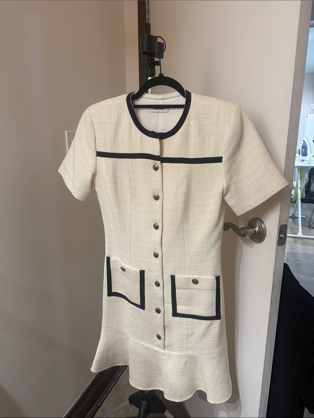 Sandro Cream Short-Sleeve Tweed Dress with Black Trim - Picture 1 of 2